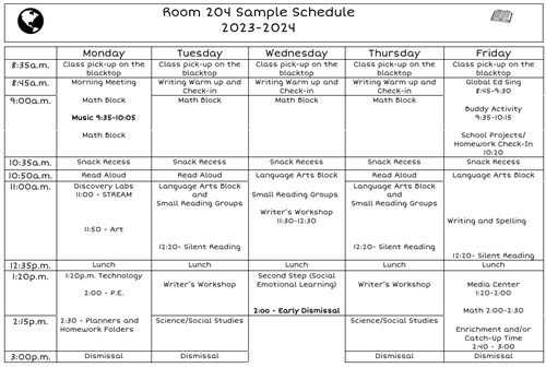 Room 204 Weekly Schedule